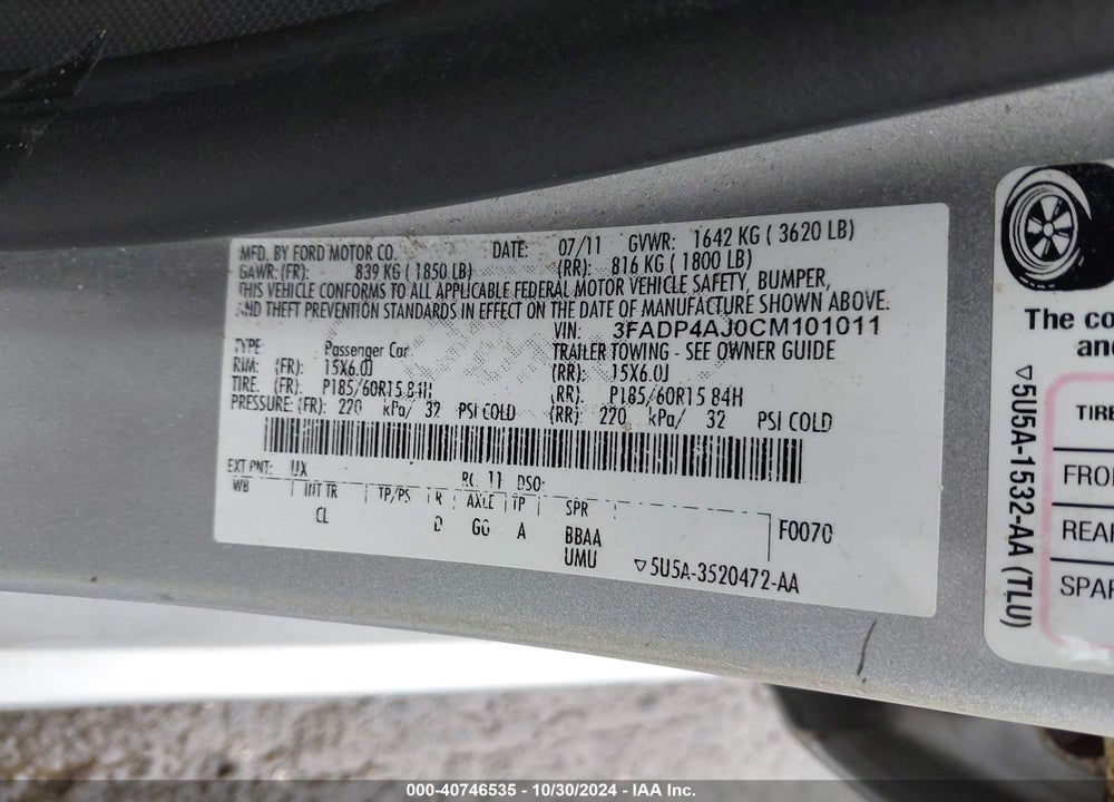 2012 FORD FIESTA S VIN: 3FADP4AJ0CM101011