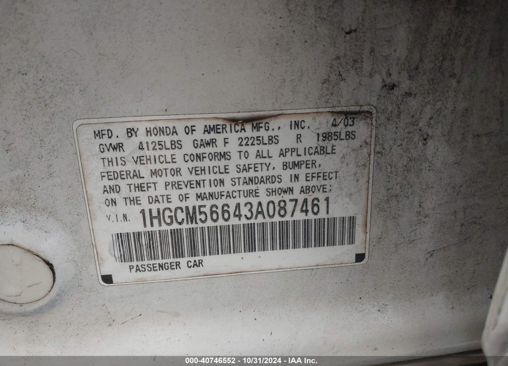 2003 HONDA ACCORD 2.4 EX VIN: 1HGCM56643A087461