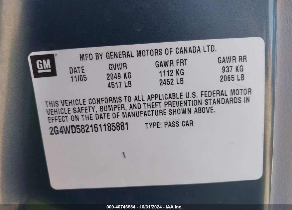 2006 BUICK LACROSSE CXL VIN: 2G4WD582161185881