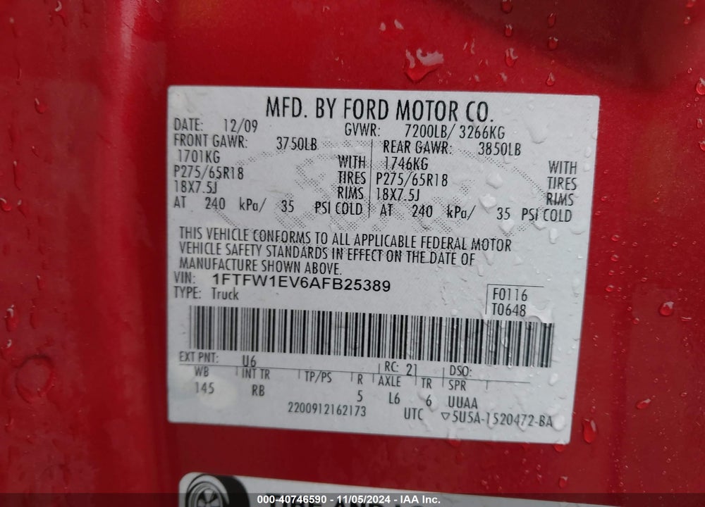 2010 HARLEY-DAVIDSON FORD F-150 FX4//KING RANCH/LARIAT/PLATINUM/XL/XLT VIN: 1FTFW1EV6AFB25389