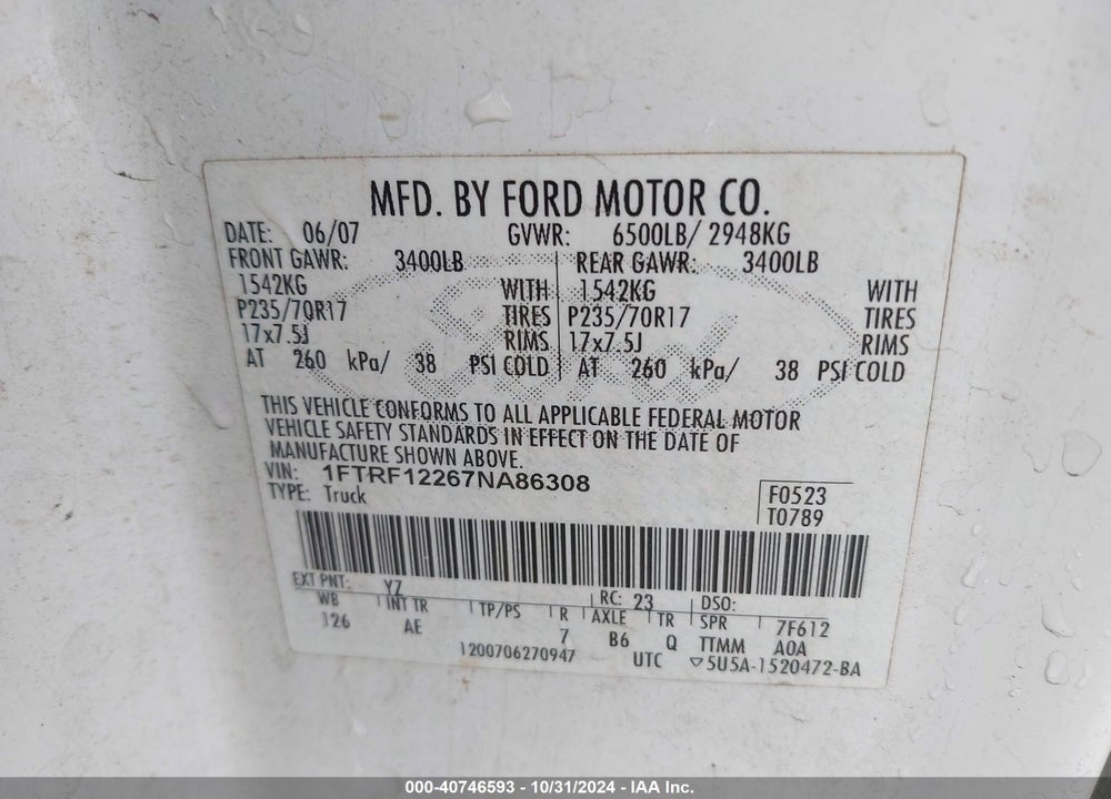2007 FORD F-150 STX/XL/XLT VIN: 1FTRF12267NA86308