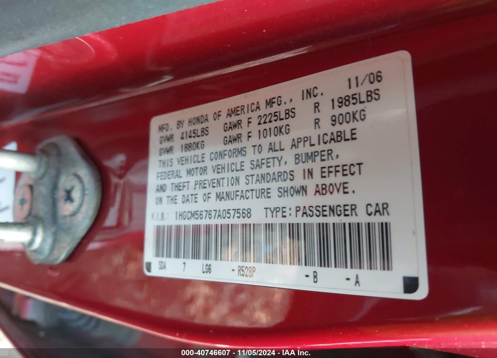 2007 HONDA ACCORD 2.4 EX VIN: 1HGCM56767A057568