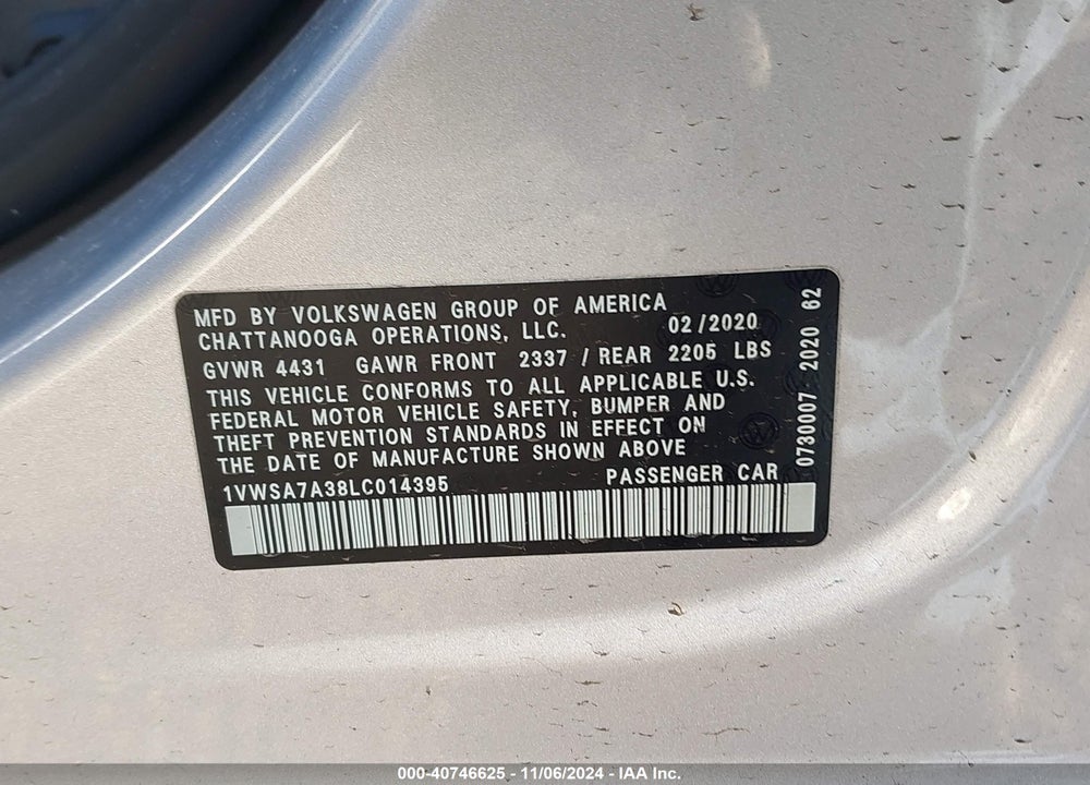 2020 VOLKSWAGEN PASSAT 2.0T SE VIN: 1VWSA7A38LC014395