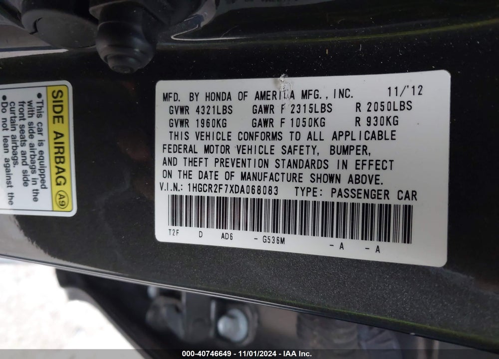 2013 HONDA ACCORD EX VIN: 1HGCR2F7XDA068083