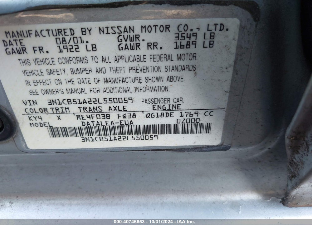 2002 NISSAN SENTRA GXE VIN: 3N1CB51A22L550059