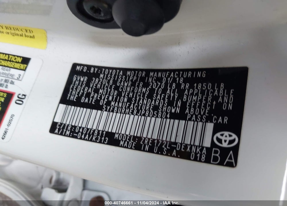 2018 TOYOTA COROLLA LE VIN: 5YFBURHE8JP805804