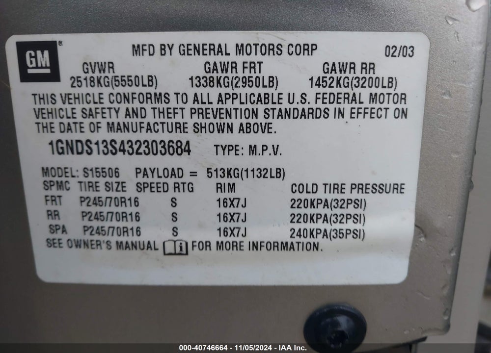2003 CHEVROLET TRAILBLAZER LS VIN: 1GNDS13S432303684