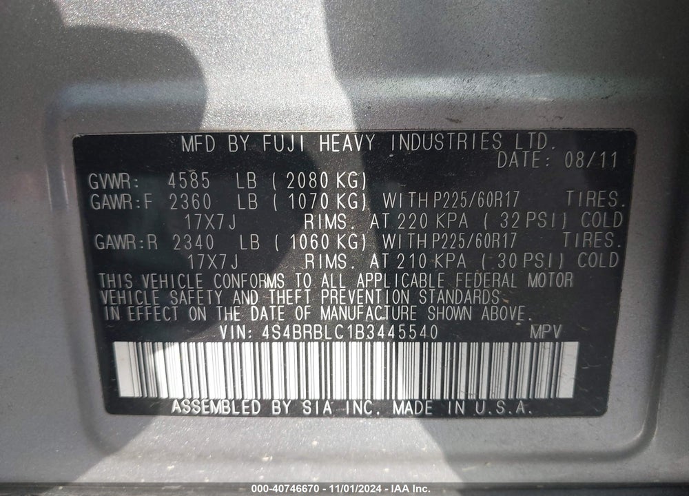 2011 SUBARU OUTBACK 2.5I LIMITED VIN: 4S4BRBLC1B3445540