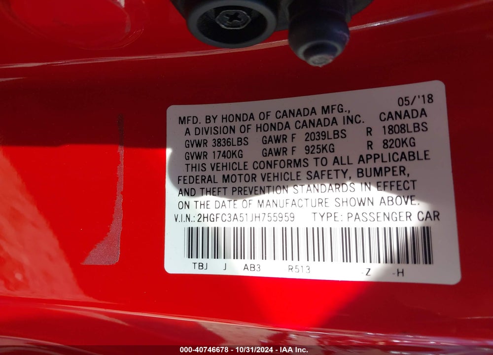 2018 HONDA CIVIC SI VIN: 2HGFC3A51JH755959