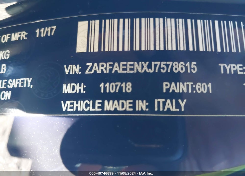 2018 ALFA ROMEO GIULIA VIN: ZARFAEENXJ7578615