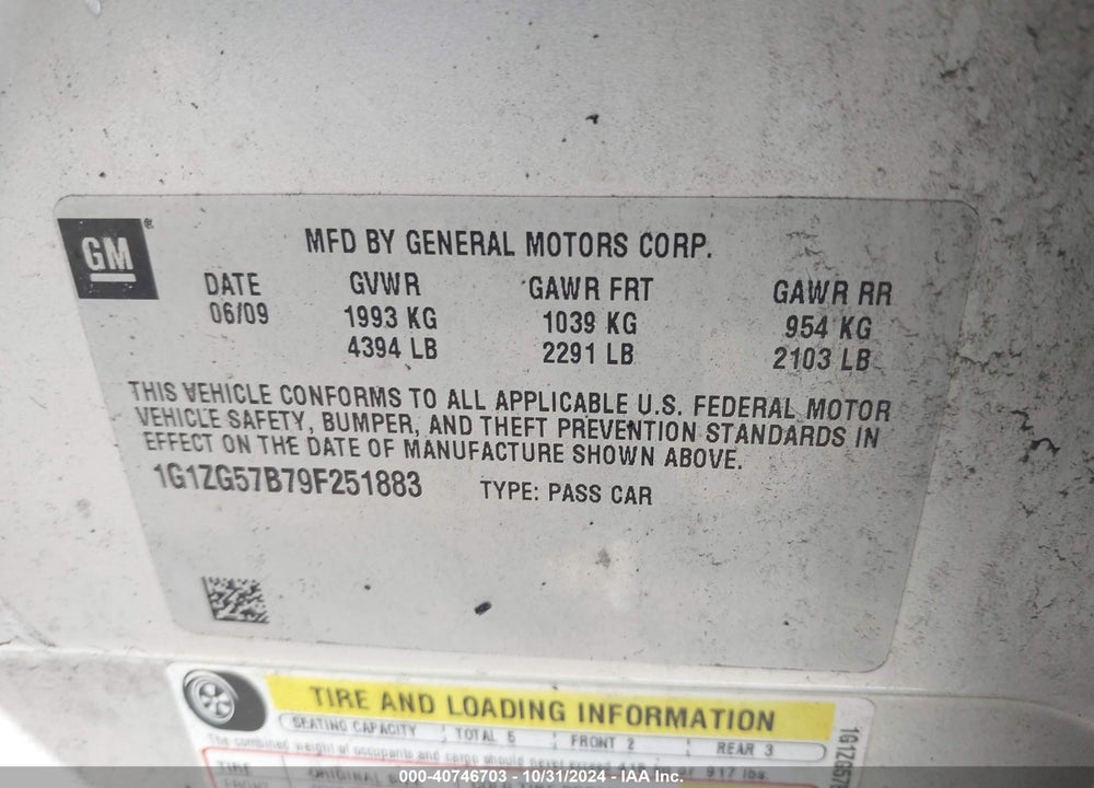 2009 CHEVROLET MALIBU LS VIN: 1G1ZG57B79F251883