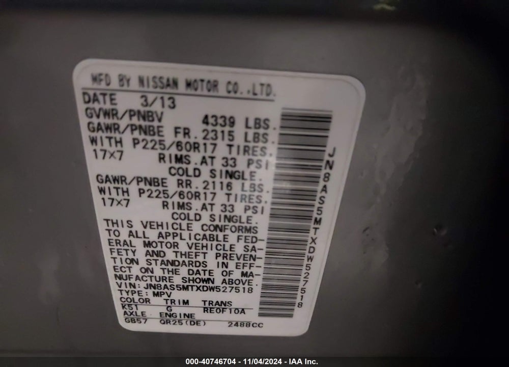 2013 NISSAN ROGUE SV VIN: JN8AS5MTXDW527518