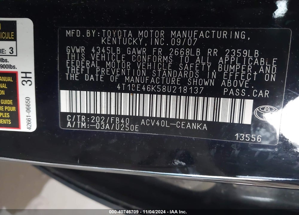 2008 TOYOTA CAMRY VIN: 4T1BE46K58U218137