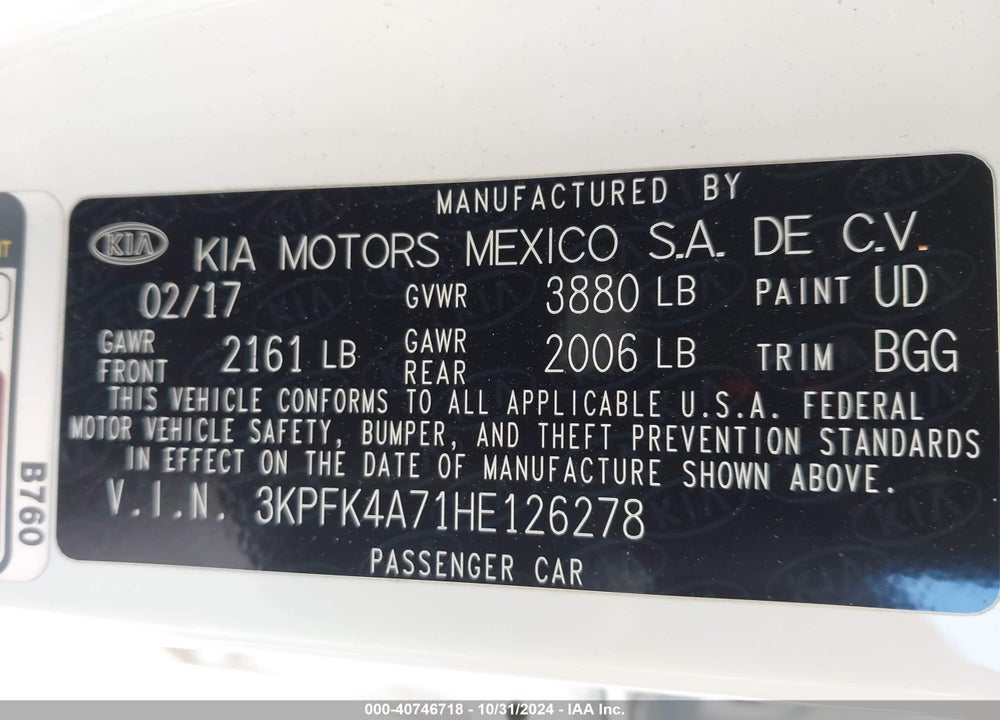 2017 KIA FORTE VIN: 3KPFK4A71HE126278