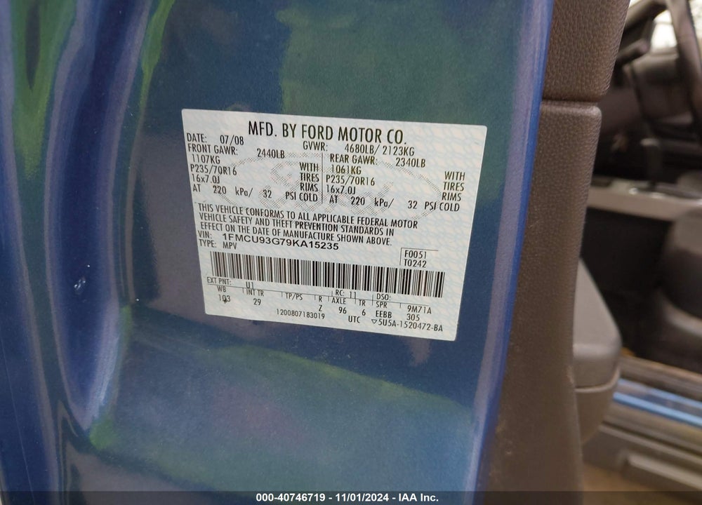 2009 FORD ESCAPE XLT VIN: 1FMCU93G79KA15235