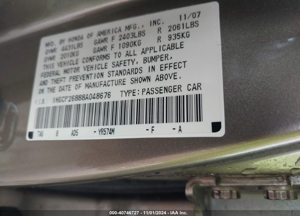2008 HONDA ACCORD 2.4 EX-L VIN: 1HGCP26888A048676