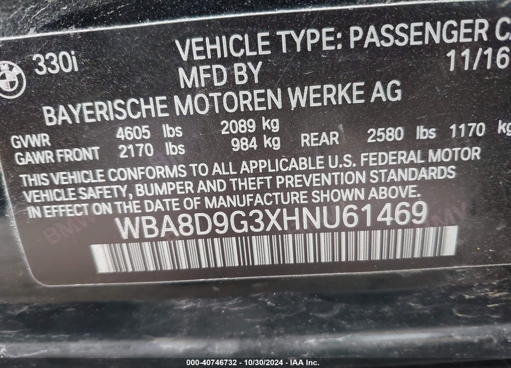 2017 BMW 330I XDRIVE VIN: WBA8D9G3XHNU61469