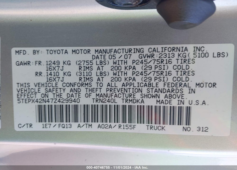 2007 TOYOTA TACOMA VIN: 5TEPX42N47Z429940