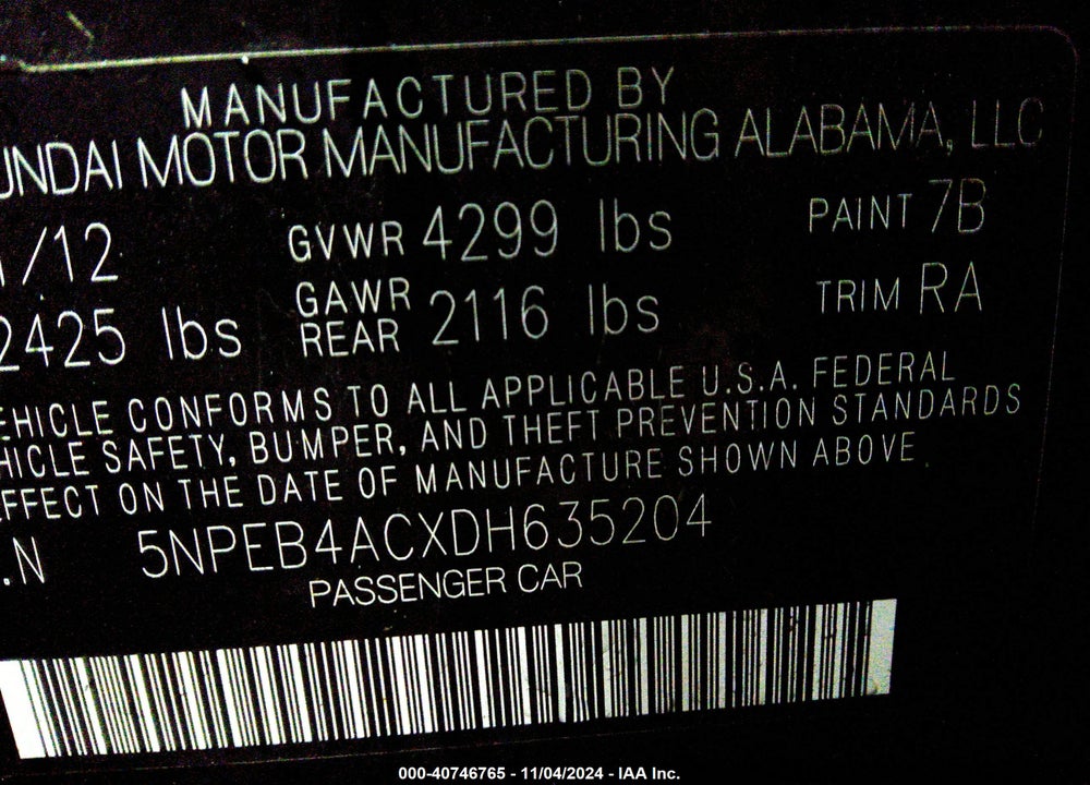 2013 HYUNDAI SONATA GLS VIN: 5NPEB4ACXDH635204
