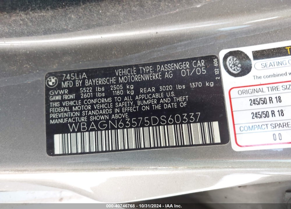 2005 BMW 745LI VIN: WBAGN63575DS60337