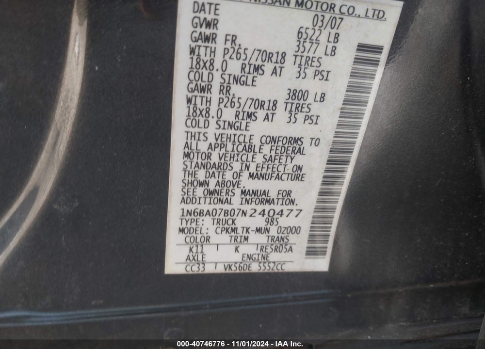 2007 NISSAN TITAN SE VIN: 1N6BA07B07N240477
