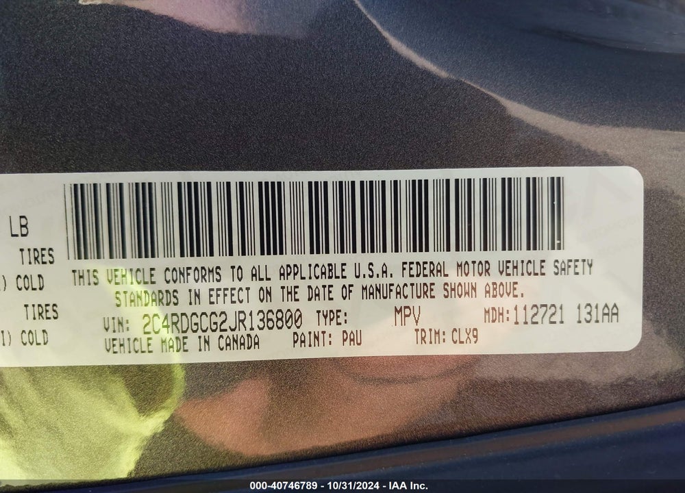 2018 DODGE GRAND CARAVAN SXT VIN: 2C4RDGCG2JR136800