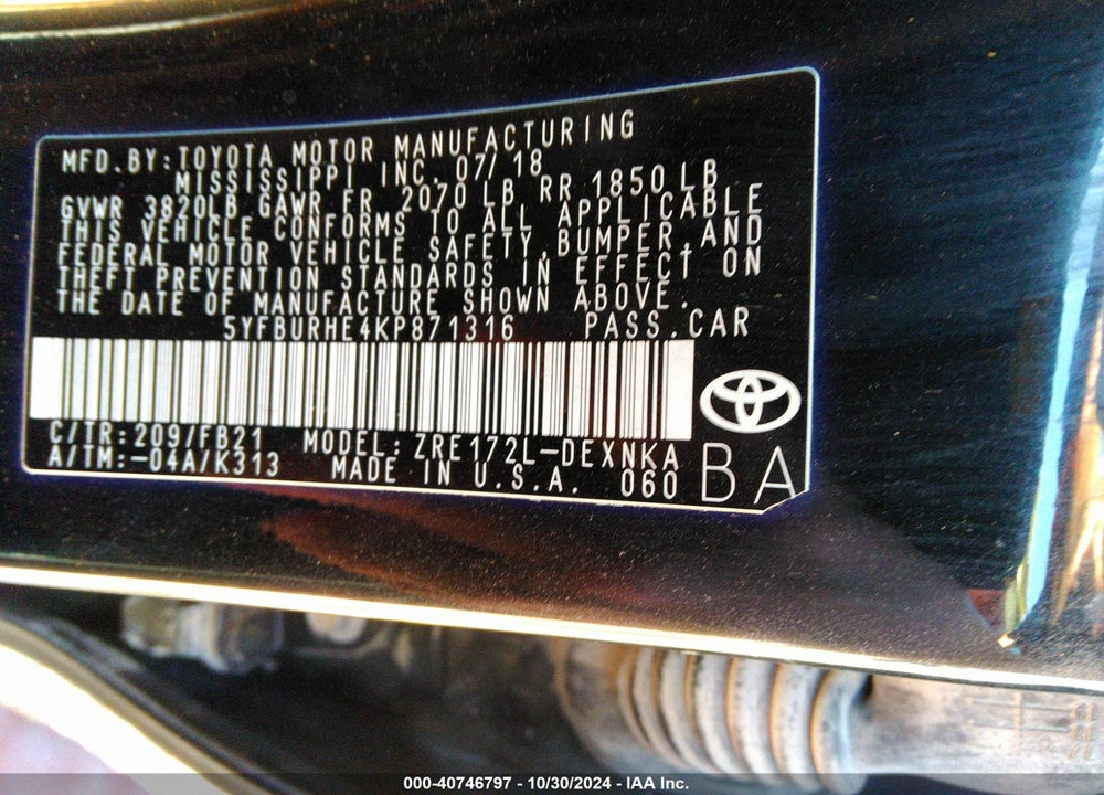 2019 TOYOTA COROLLA LE VIN: 5YFBURHE4KP871316