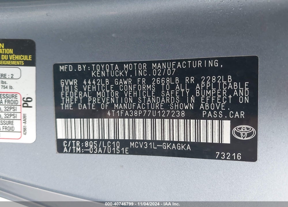 2007 TOYOTA CAMRY SOLARA SLE VIN: 4T1FA38P77U127238