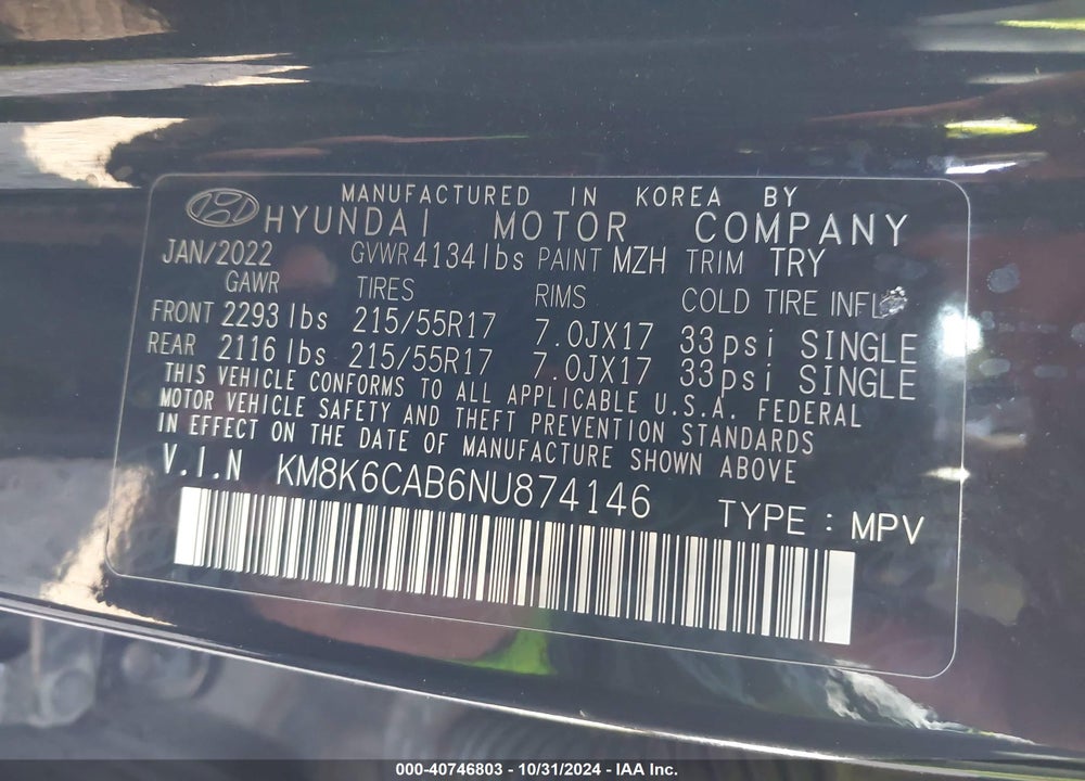 2022 HYUNDAI KONA SEL VIN: KM8K6CAB6NU874146