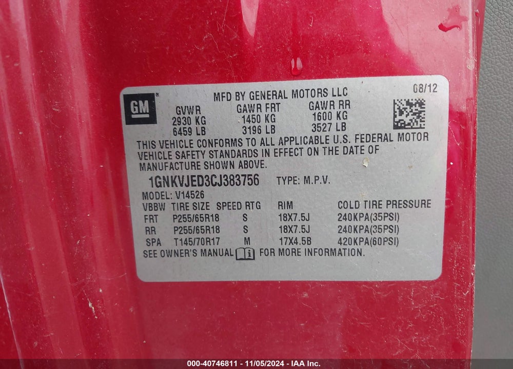 2012 CHEVROLET TRAVERSE 2LT VIN: 1GNKVJED3CJ383756