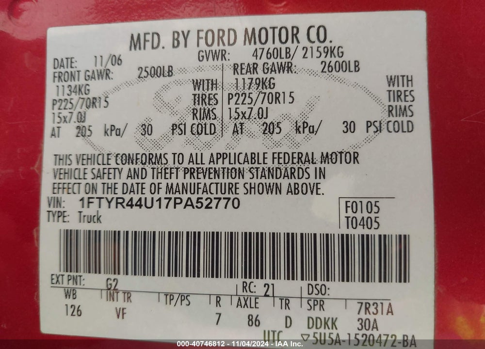 2007 FORD RANGER SPORT/STX/XLT VIN: 1FTYR44U17PA52770