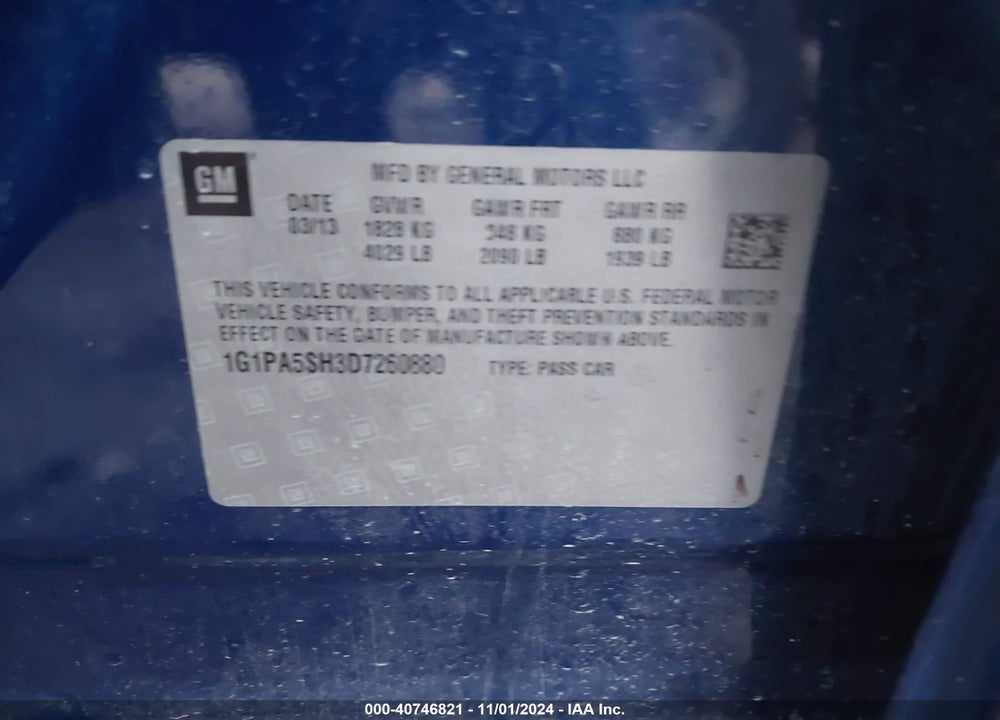 2013 CHEVROLET CRUZE LS AUTO VIN: 1G1PA5SH3D7260880