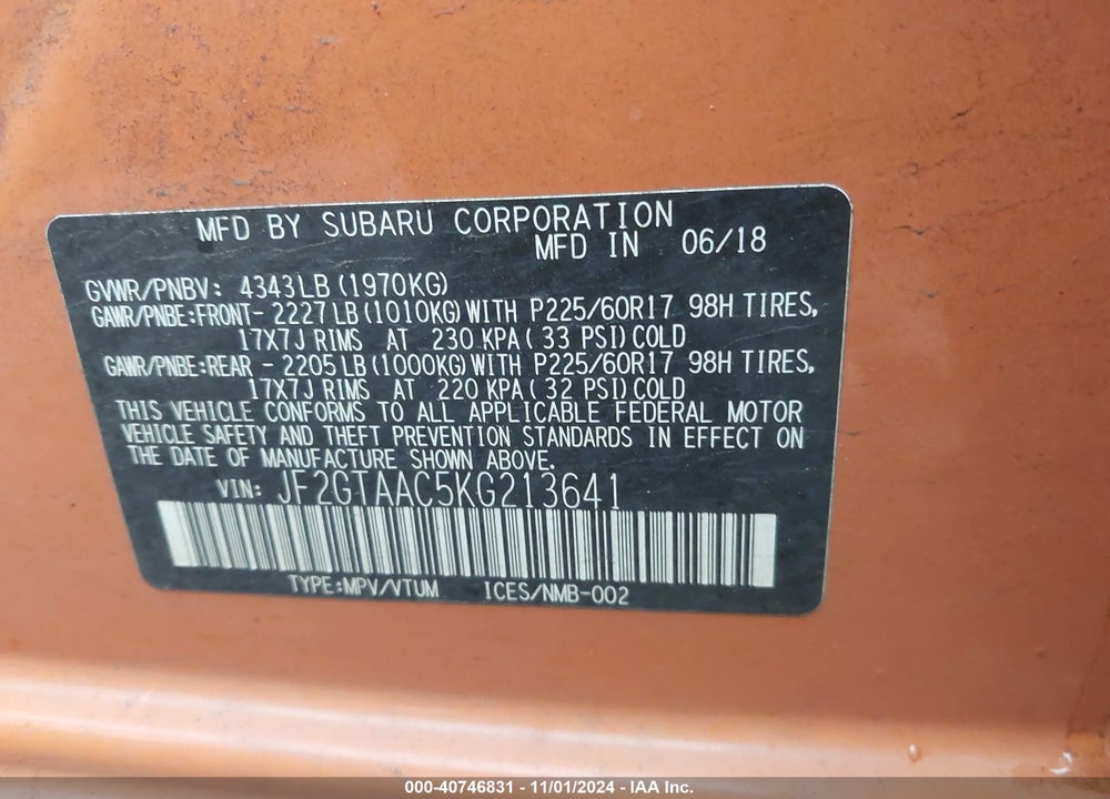 2019 SUBARU CROSSTREK 2.0I VIN: JF2GTAAC5KG213641