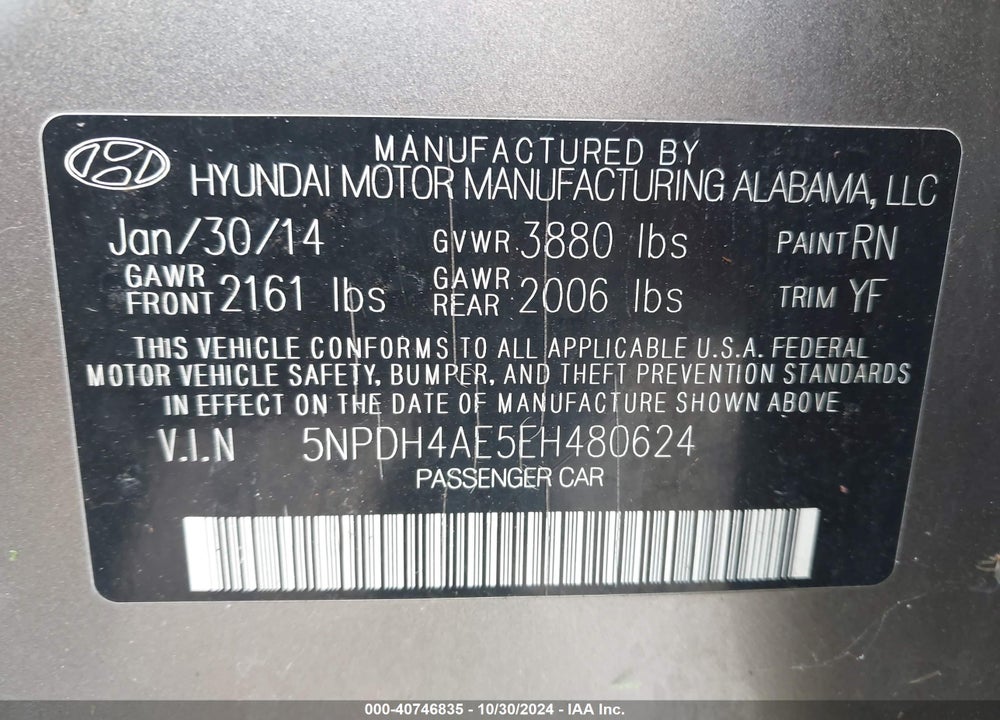 2014 HYUNDAI ELANTRA SE VIN: 5NPDH4AE5EH480624