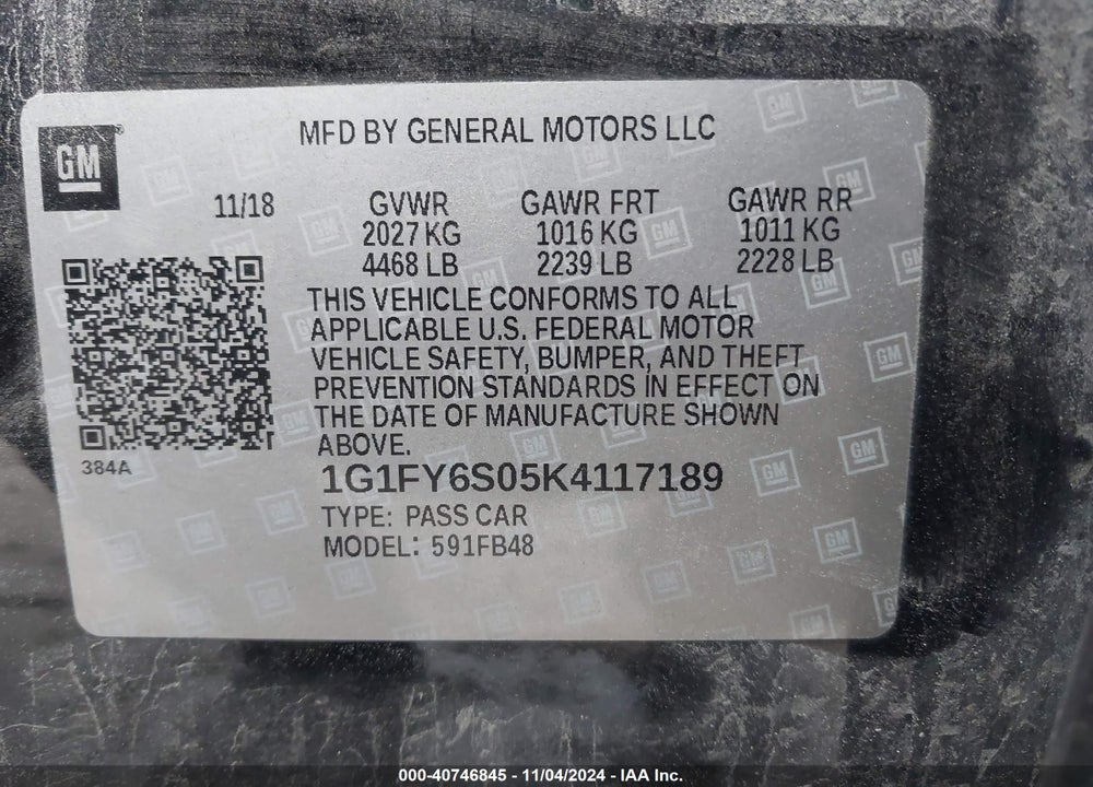 2019 CHEVROLET BOLT EV LT VIN: 1G1FY6S05K4117189