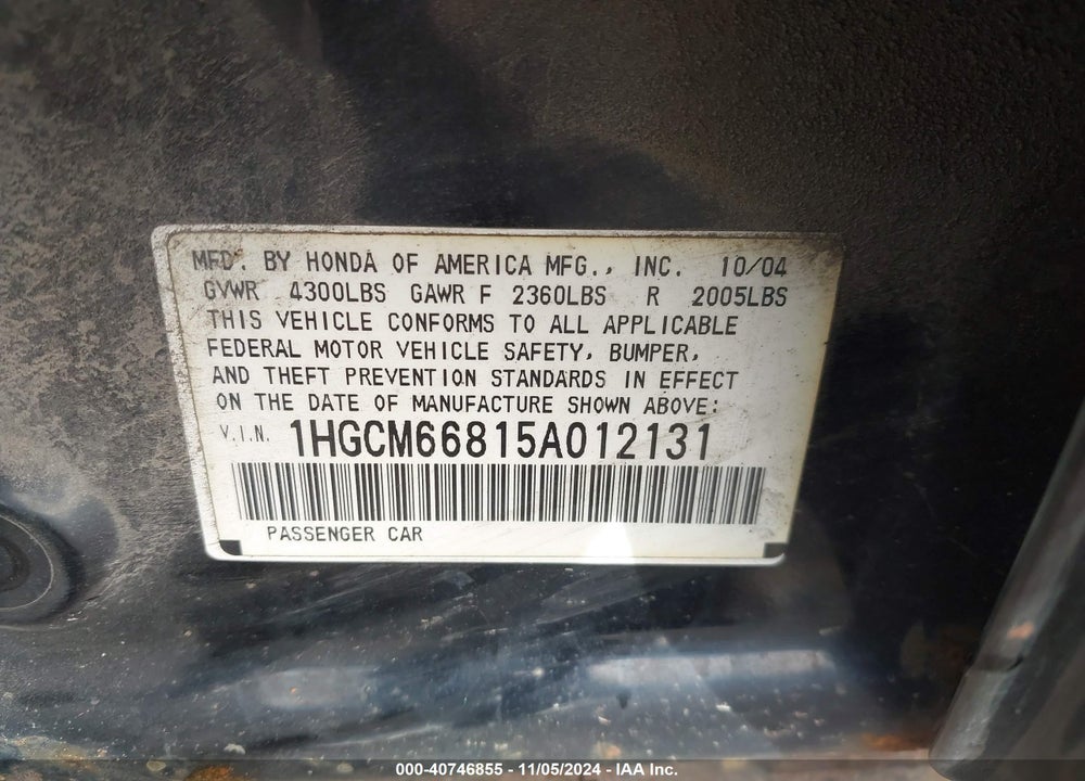 2005 HONDA ACCORD 3.0 EX VIN: 1HGCM66815A012131