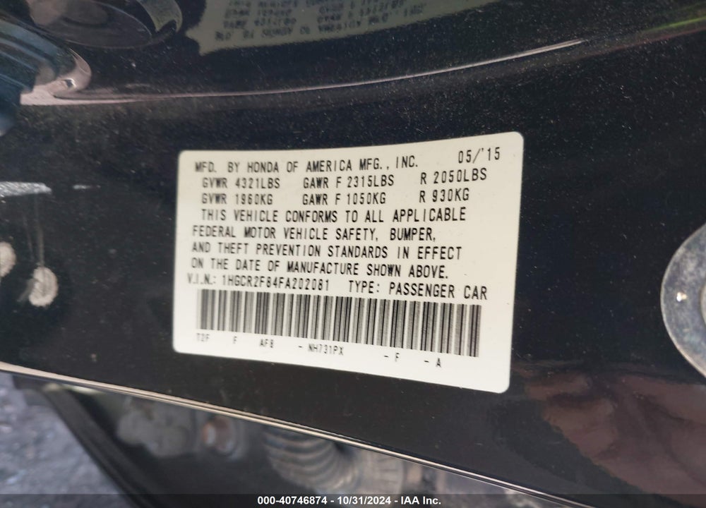 2015 HONDA ACCORD EX-L VIN: 1HGCR2F84FA202081