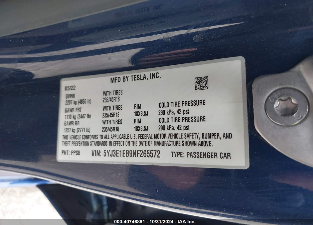 2022 TESLA MODEL 3 VIN: 5YJ3E1EB9NF265572