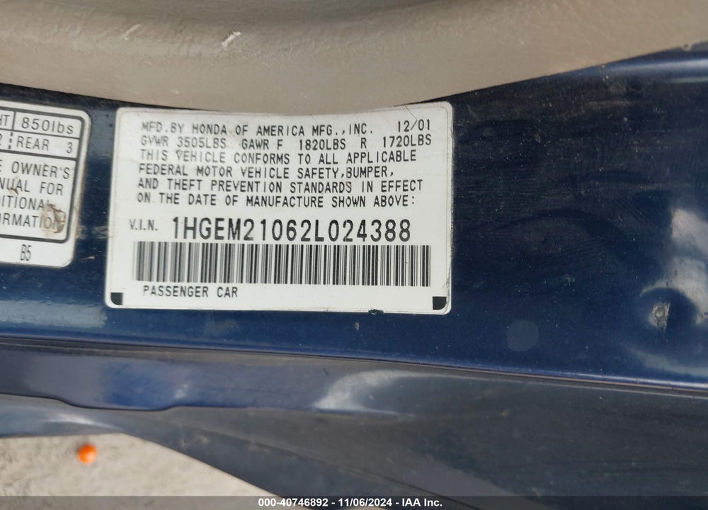 2002 HONDA CIVIC EX VIN: 1HGEM21062L024388