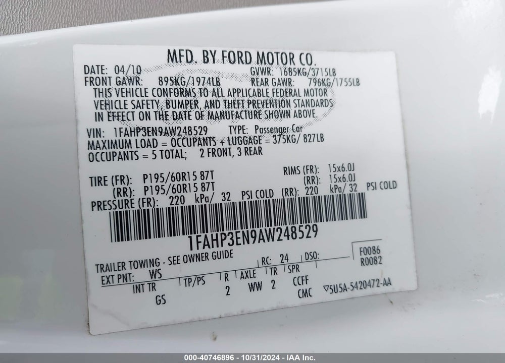 2010 FORD FOCUS S VIN: 1FAHP3EN9AW248529