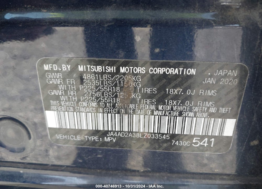2020 MITSUBISHI OUTLANDER ES 2.4 VIN: JA4AD2A38LZ033545