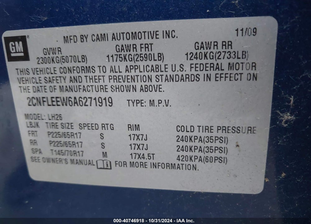 2010 CHEVROLET EQUINOX LT VIN: 2CNFLEEW6A6271919