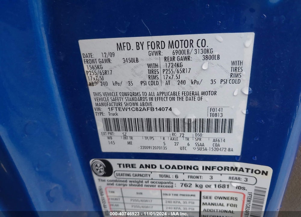 2010 FORD F-150 FX2 SPORT/XL/XLT VIN: 1FTEW1C82AFB14074