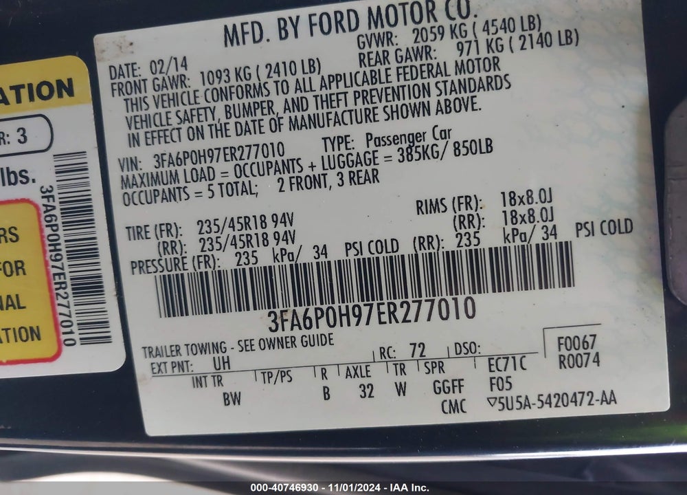 2014 FORD FUSION SE VIN: 3FA6P0H97ER277010