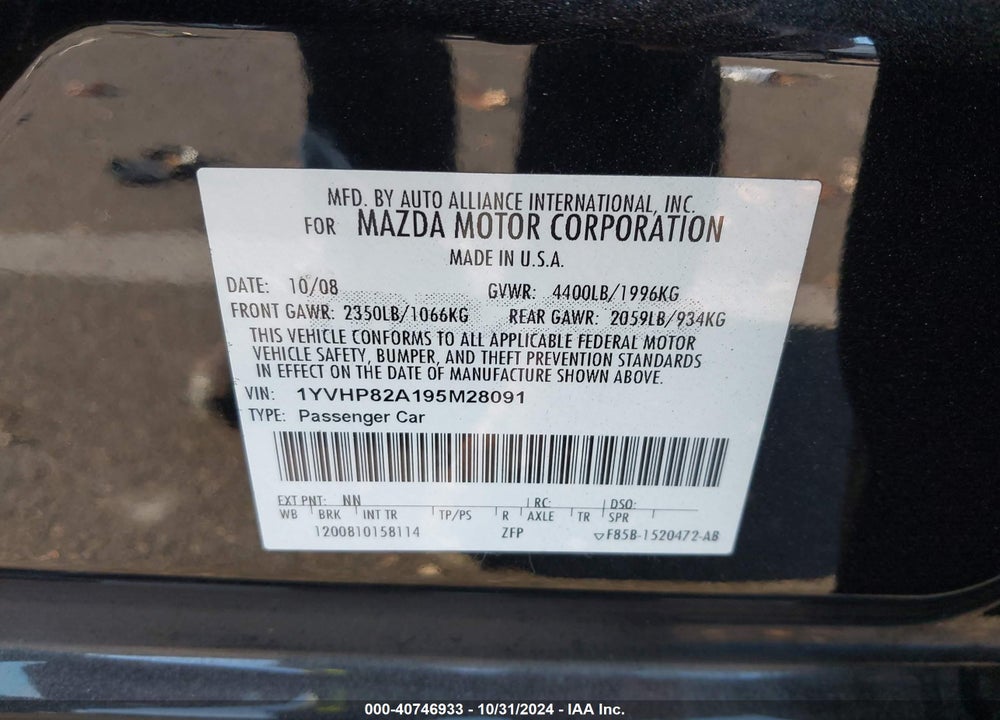 2009 MAZDA 6 I GRAND TOURING VIN: 1YVHP82A195M28091