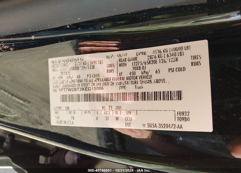 2019 FORD F-250 PLATINUM VIN: 1FT7W2BT3KEG15096
