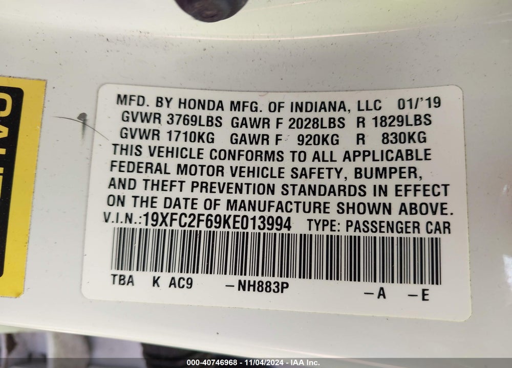 2019 HONDA CIVIC LX VIN: 19XFC2F69KE013994