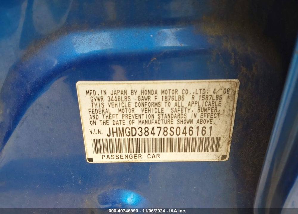 2008 HONDA FIT VIN: JHMGD38478S046161