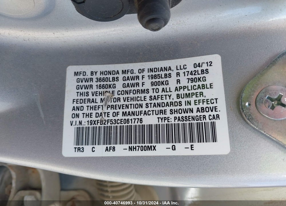 2012 HONDA CIVIC SDN LX VIN: 19XFB2F53CE061776