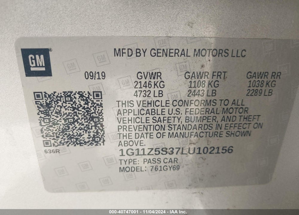 2020 CHEVROLET IMPALA FWD LT VIN: 1G11Z5S37LU102156